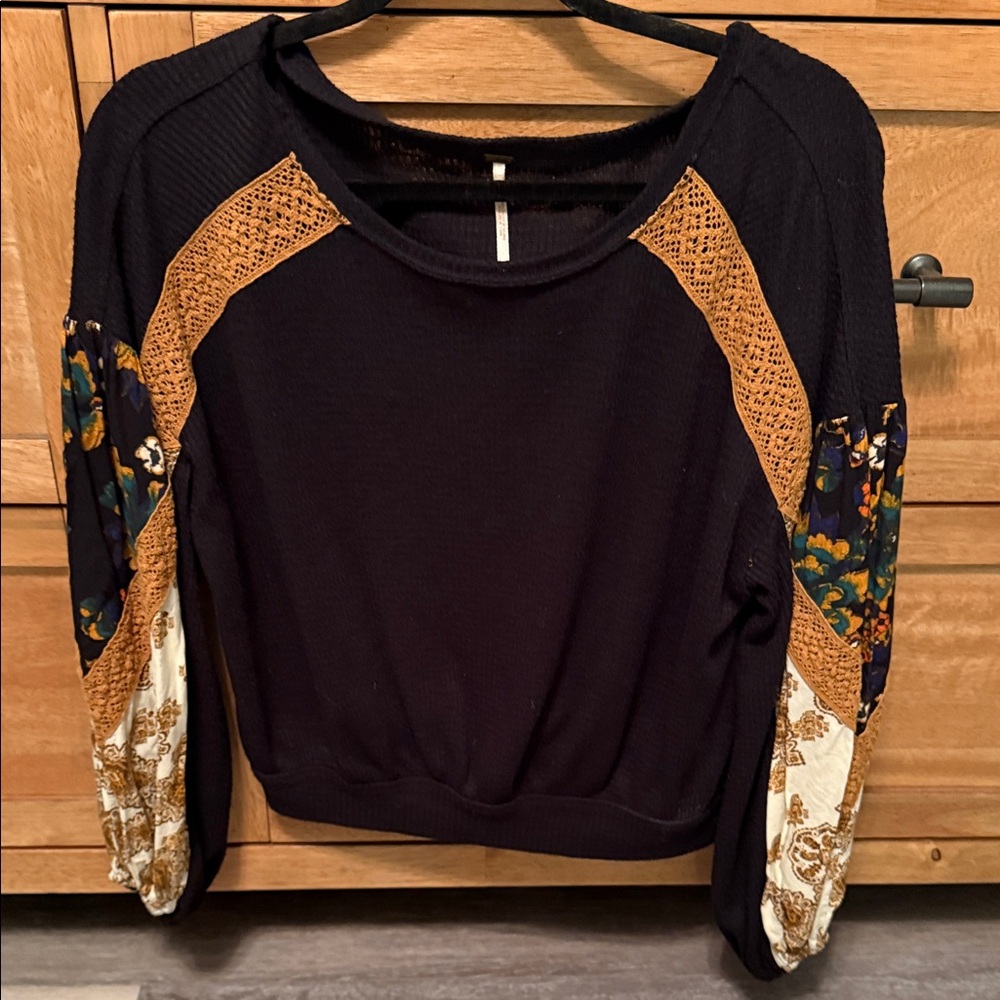 Black knit  with Floral Patchwork Sleeves